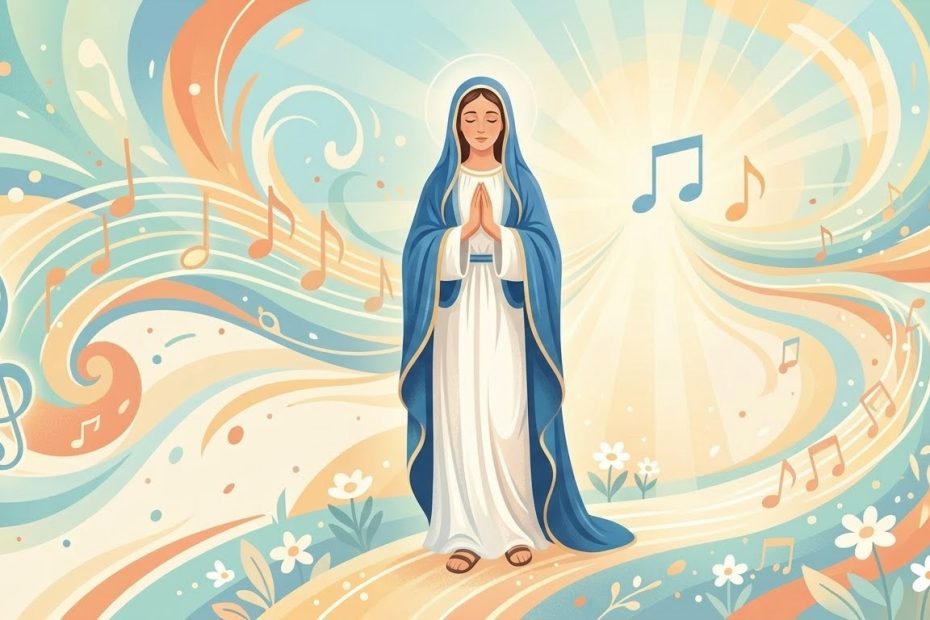 Magnificat (Cantique de Marie) - une jeune femme chantant de joie les bras levés entourée de notes de musique lumineuses